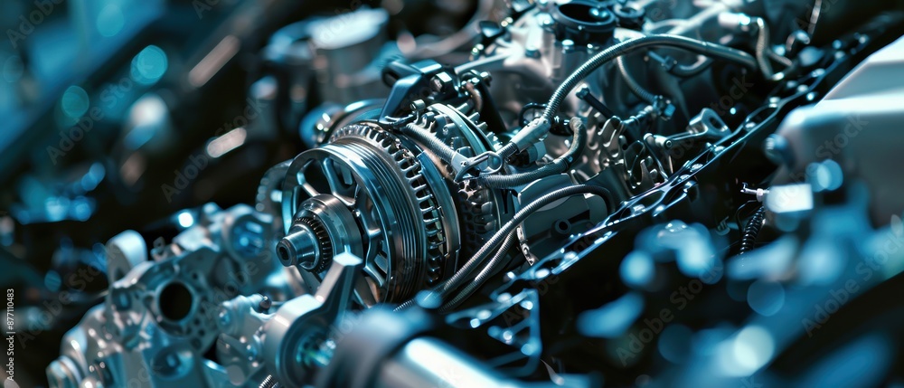 Poster close-up of a detailed engine mechanism showcasing mechanical components, gears, and precision engin