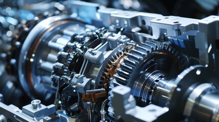 Fototapeta premium Closeup of a complex mechanical gear mechanism, showcasing precise engineering and intricate metallic components in an industrial setting.