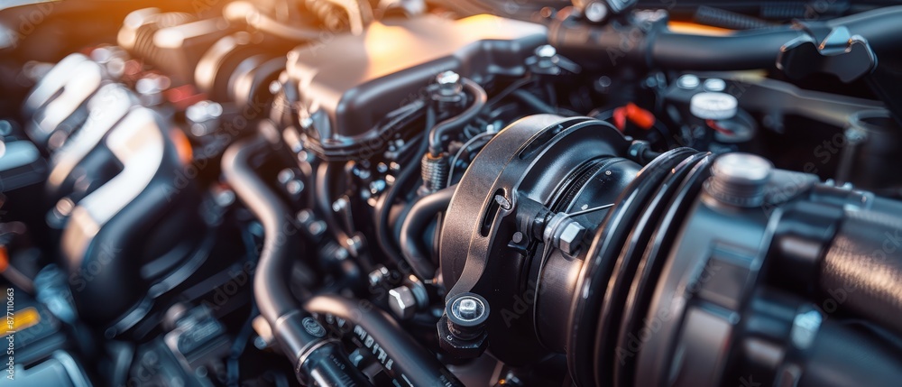 Poster close-up of a modern car engine, showcasing intricate mechanical components and advanced engineering