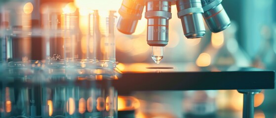 Close-up of a microscope examining a sample in a laboratory with test tubes and scientific equipment in the background.