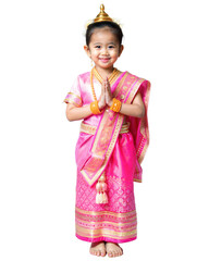 girl wearing Thai traditional dress ,  isolated on white background, png format