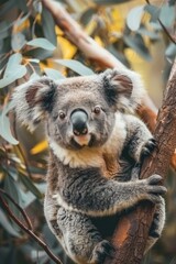 Fototapeta premium A tight shot of a koala clinging to a tree branch, surrounded by foreground leaves, and a background softly blurred