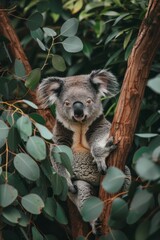 Obraz premium A koala rests in a tree, head tilted back on a limb, gazing at the camera