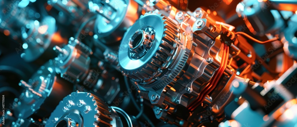 Poster close-up of intricate machine parts with metallic gears and mechanical components illuminated by blu