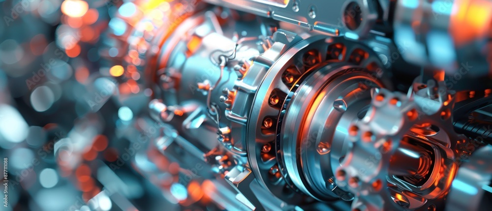 Poster close-up of intricate mechanical gears and components with glowing lights, showcasing engineering an