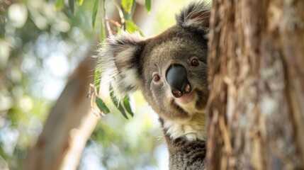  A tight shot of a koala perched high on a tree branch, its head tilted over the edge