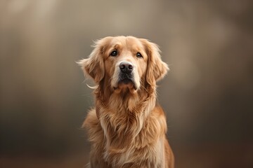 Handsome Golden Retriever Dog Sitting Outdoors in Nature Background