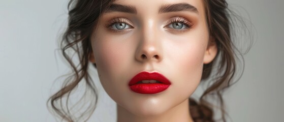 Fototapeta premium Close-up portrait of a young woman with bold red lipstick and captivating eyes, showcasing flawless makeup and soft brown hair in a light background.