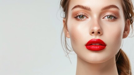 Fototapeta premium Close-up portrait of a woman with flawless skin, red lipstick, and natural makeup on a light background. Beauty and skincare concept.