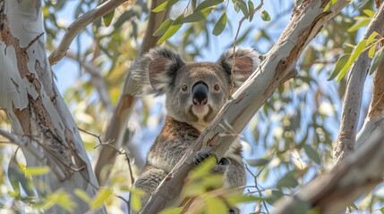 Fototapeta premium A koala in a tree, surrounded by leafy branches, gazes at the camera
