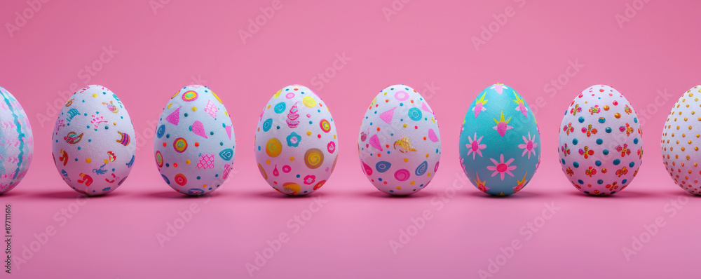 Poster a row of colorful eggs with various designs on them. the eggs are arranged in a line and are placed 