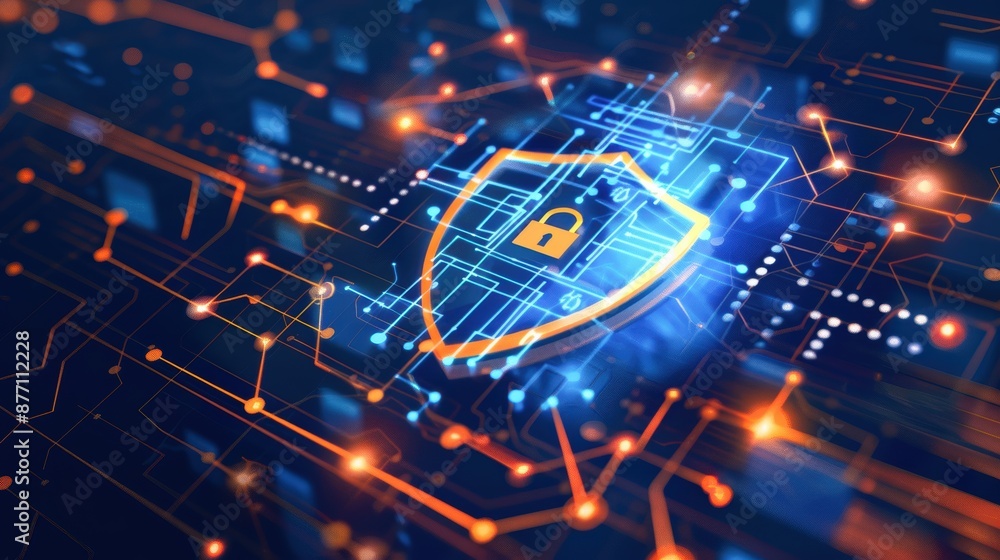 Aufkleber digital cybersecurity concept with abstract network, shield, and lock symbolizing data protection an