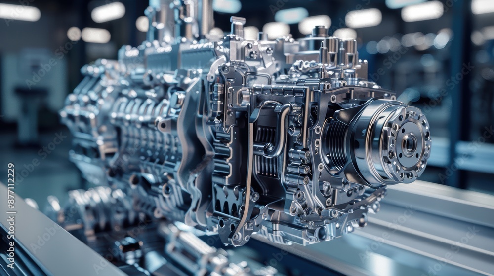 Poster detailed close-up of a complex modern industrial engine with multiple components in a high-tech manu