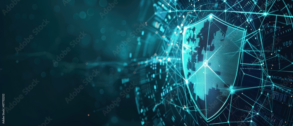 Poster digital shield with global network connections symbolizing cybersecurity, data protection, and inter