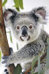 Obraz premium A koala sits in a tree, gazing at the camera with a startled expression