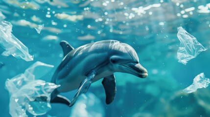 Dolphin swimming amidst plastic pollution in the ocean, highlighting the critical issue of marine pollution and its impact on wildlife.