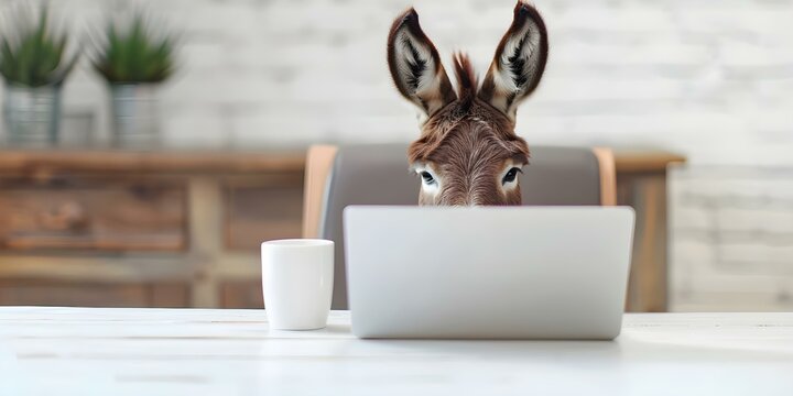 Donkey in human clothes at office desk. Concept Animal in Office, Funny Situations, Comedic Images, Office Attire, Unexpected Guests