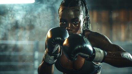 Determined female boxer training with intensity
