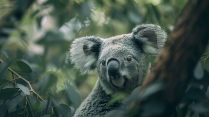  A sad-faced koala in a tree gazes into the camera
