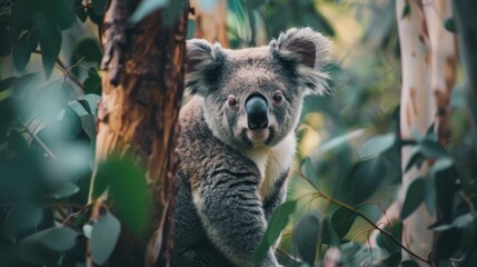 Fototapeta premium A koala atop a tree in a verdant forest, surrounded by numerous green leaves