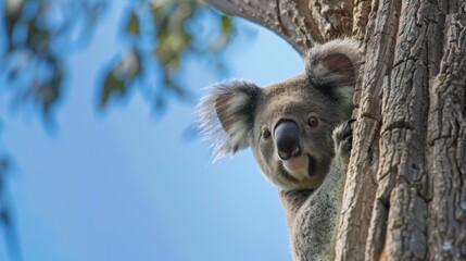 Obraz premium A koala up-close on a tree against a blue sky, with a tree branch in the foreground