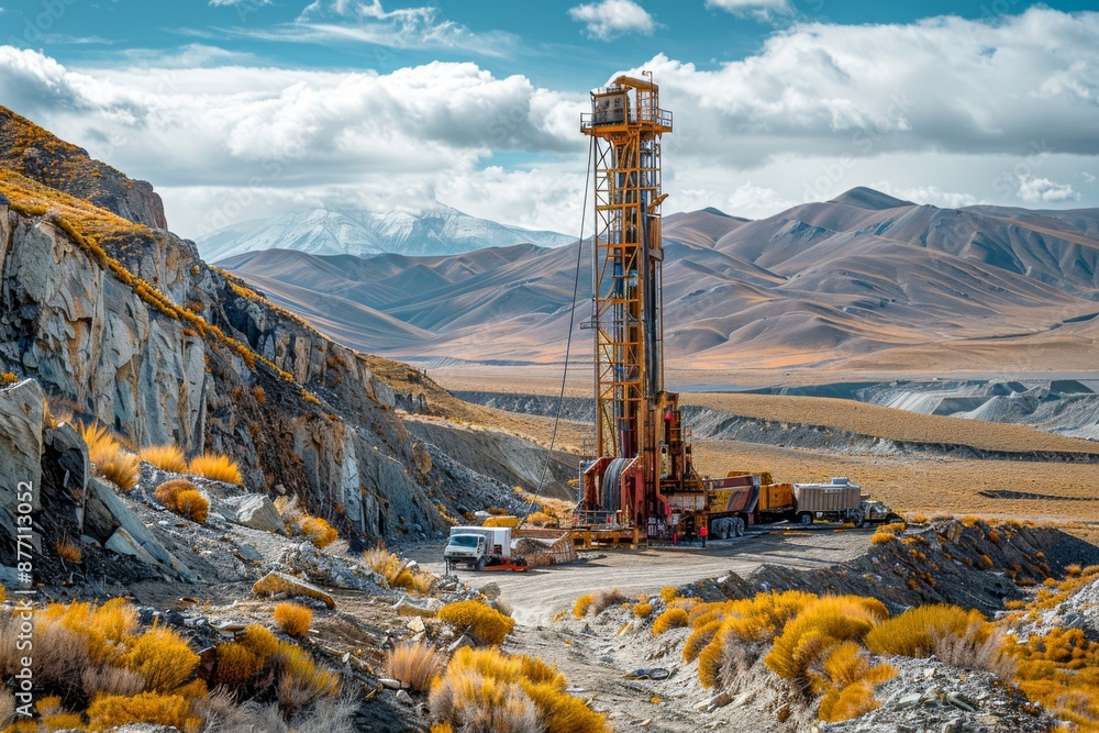 Poster image of a drilling rig set up for mineral exploration in a remote location. -