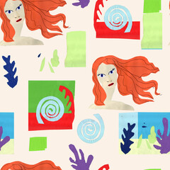 Seamless pattern from cut out colored paper. Mermaid with red hair, sea animals and plants on a beige background