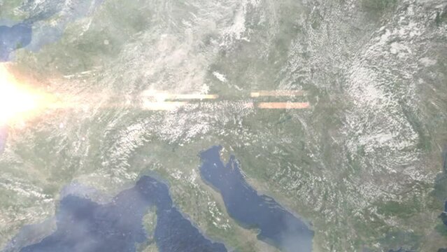 Zooming in on Villach, Austria frome space. Realistic 3D Animation.
