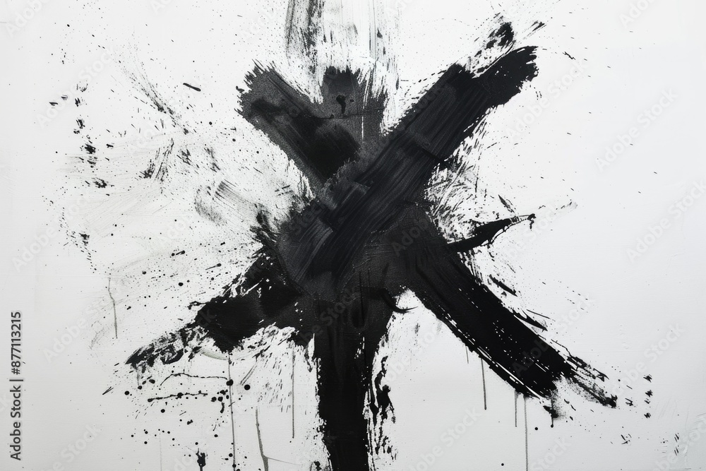Poster a simple yet striking image of a cross with paint splatters, perfect for use in minimalist designs o