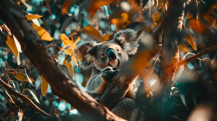  A koala atop a tree branch, mouth agape with a camera inside
