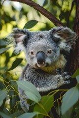  A koala sits in a tree, gaze sadly into the camera
