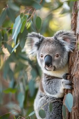Obraz premium A tight shot of a koala in a tree, surrounded by foreground leaves, with a softly blurred background