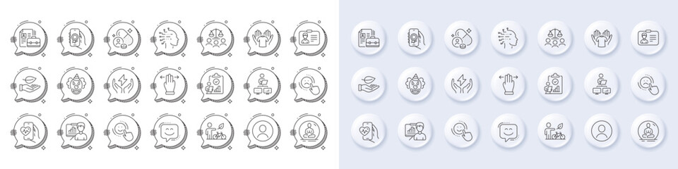 Work home, Safe energy and Headshot line icons. White pin 3d buttons, chat bubbles icons. Pack of Clown, Smile, Artificial intelligence icon. Vector