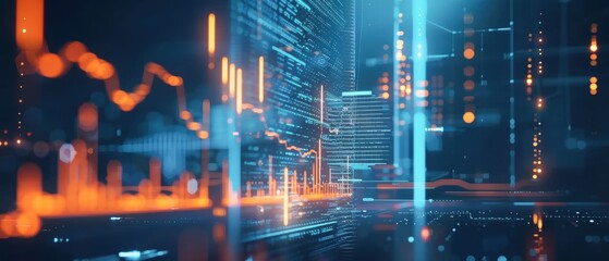Obraz premium Futuristic financial data visualization with glowing graphs and digital interface, representing market analysis and economic trends.