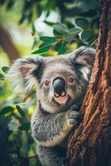 Fototapeta premium Koala in tree, gaze surprises camera