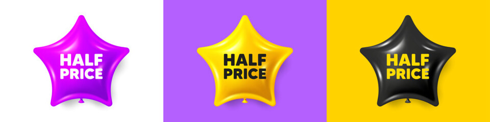 Half Price tag. Birthday star balloons 3d icons. Special offer Sale sign. Advertising Discounts symbol. Half price text message. Party balloon banners with text. Birthday or sale ballon. Vector