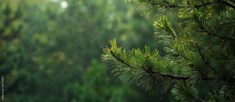 Fototapete close-up of a pine tree branch against a green forest backdrop with copy space image.