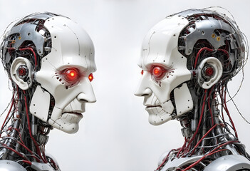 AI AGI Elderly Male Robot with Red Eyes and Human-Like Features and Neural Network