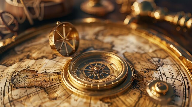 Retro style antique golden compass sundial and old nautical chart closeup vintage still life sailing accessories wanderlust travel and navigation theme