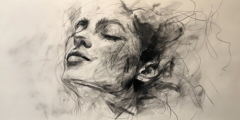 Charcoal sketch portrait of young woman full of hope with expressive lines and dynamic shading on neutral background