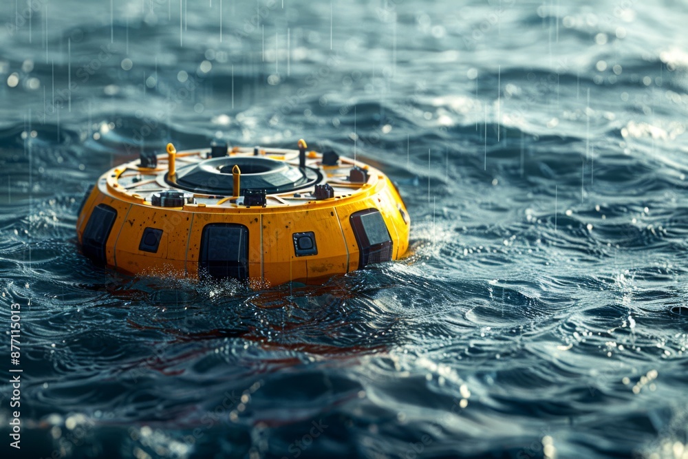Poster image of a wave energy converter device floating in the ocean, generating power from waves