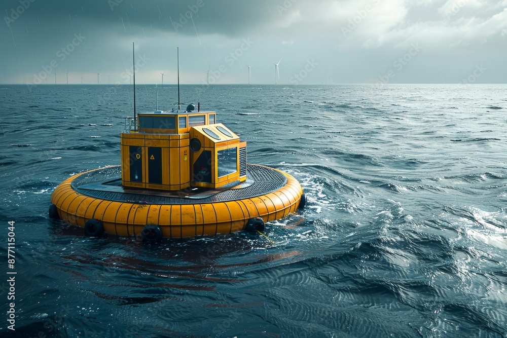 Poster image of a wave energy converter device floating in the ocean, generating power from waves