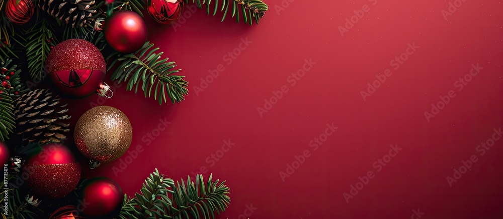 Poster top view of a christmas-themed setup with fir branches, decorative balls, on a red backdrop, providi