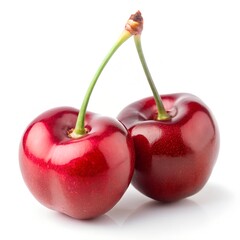 Two ripe cherries with fresh green stems set on a plain white background