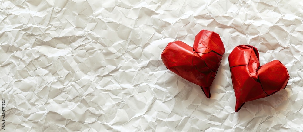 Poster a backdrop featuring two red hearts on white paper with ample copy space image.