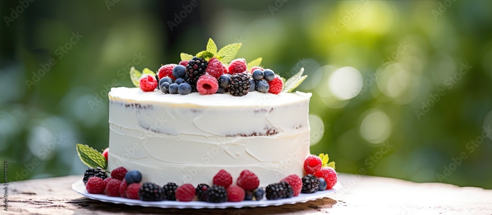 Poster high-quality photo of a white air cake adorned with berries and green sprigs in soft focus in the ba