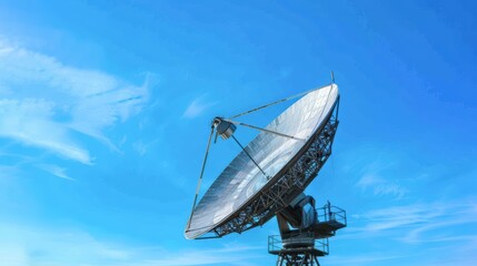 Large satellite dish antenna against a clear blue sky, used for communication and signal reception in technology.