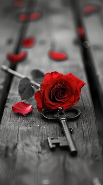 Red rose and key on wooden table in grayscale image symbolizing romance and love