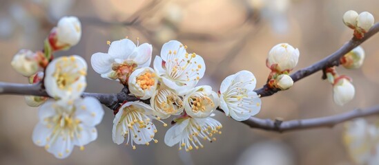 An apricot tree blooming in spring with lovely white flowers captured in a macro shot with a copy space image, making it a natural backdrop for the season.