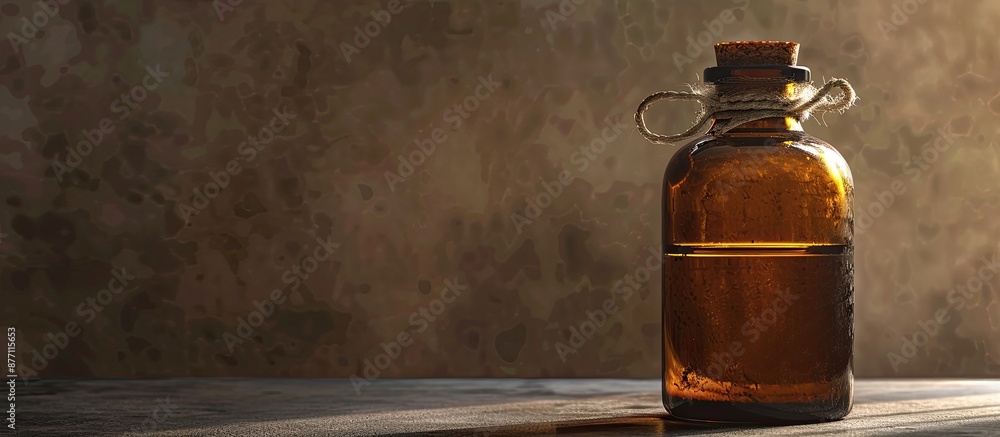 Poster close-up capture of a glass bottle with essential oil on a dark beige backdrop, offering a blank spa